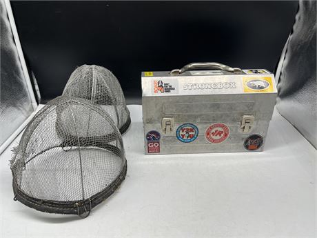 2 WIRE HAT INSERTS + VINTAGE METAL “STRONG BOX” LUNCH BOX