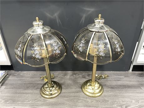 PAIR OF MCM BRASS & GLASS TRIPLE LIGHT LAMPS - 2FT TALL