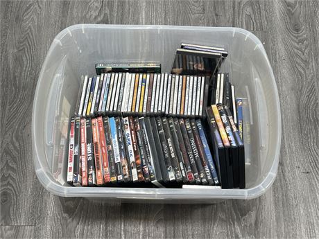 BIN OF ASSORTED DVDS & CDS