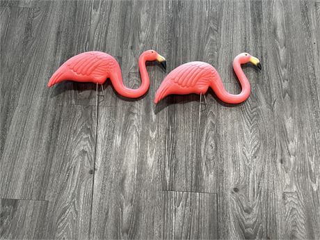 PAIR VINTAGE FLAMINGO BLOW MOLDS ON METAL LAWN STANDS - 15” WIDE