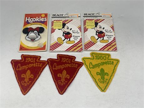 VINTAGE MICKEY MOUSE INVITATIONS, WALL HOOK - 1960’s CAMPONETTE FLAGS