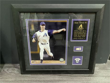RANDY JOHNSON PICTURE, PIN, & PIECE OF GAME USED BASEBALL (17”X15”)