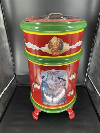 LARGE ANTIQUE ICE COOLER PAINTED WITH COKE DESIGN (45” Tall / 25” WIDE)