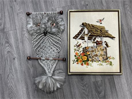 MIDCENTURY OWL WALL HANGING & VINTAGE NEEDLEPOINT PICTURE (17”x21”)