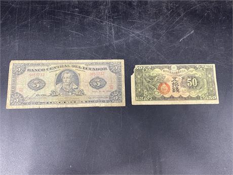1940s JAPAN 50 YEN BILL & 1963 ECUDOR $5 SUCRES