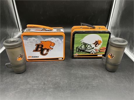 2 BC LIONS LUNCH BOXES & 2 THERMOS CUPS
