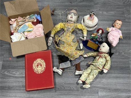 VINTAGE DOLL LOT + OTHERS - WOODEN PUPPET, BOOK