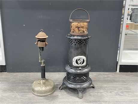 VINTAGE KEROSENE LAMP & VALOR KEROSENE STOVE (19” TALL)