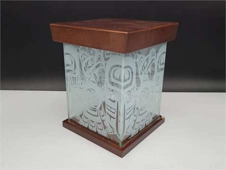 CLARENCE WELLS GLASS AND WOOD BOX (7.8"dm - 9.5" tall)