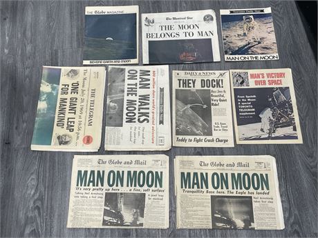 LOT OF 9 VINTAGE 1969 MAN ON THE MOON NEWS PAPERS