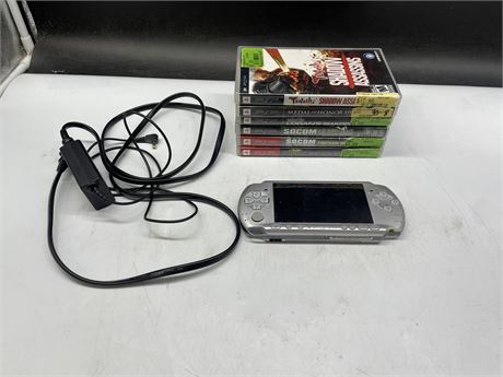 PSP WORKS WITH CHARGER (SCREEN HAS LIGHT SCRATCHES) & 6 PSP GAMES