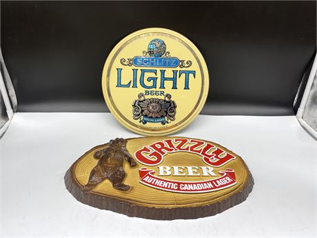 2 BEER SIGNS - SCLITZ LIGHT & GRIZZLY (GRIZZLY IS 15” WIDE)