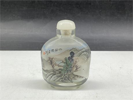 VINTAGE SIGNED REVERSE PAINTED, STONE TOP SNUFF/OPIUM BOTTLE (3”)