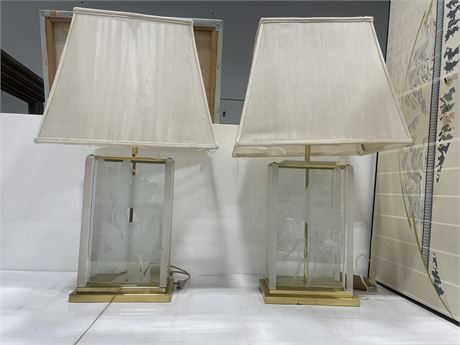 2 LARGE BRASS, ETCHED GLASS LUCITE LAMPS SIGNED FREDRICK RAMOND 1980’S (32”)