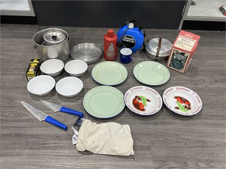 LOT OF CAMPING SUPPLIES - DISHES ARE MOSTLY ENAMEL