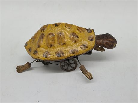 RARE ANTIQUE EARLY GERMAN PAPER MACHE WIND UP TOY TURTLE WORKING (6.5")