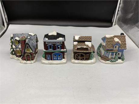 4 CHRISTMAS VILLAGE DECORATIONS (5” tall, 3 can be used with candles)