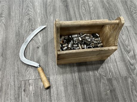 WOOD TOOL CARRIER W/SOCKETS & HAND SICKLE