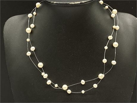 J.C.M 14KT GOLD CLASP - WHITE PEARL 16” NECKLACE W/DOUBLE STRAND ILLUSION