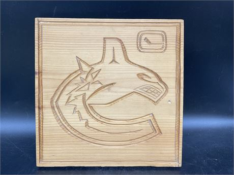 CANUCKS ORCA WOOD CARVED PLAQUE 12”x12”