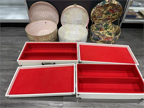 2 WHITE DISPLAY CASES AND 3 HAT BOXES