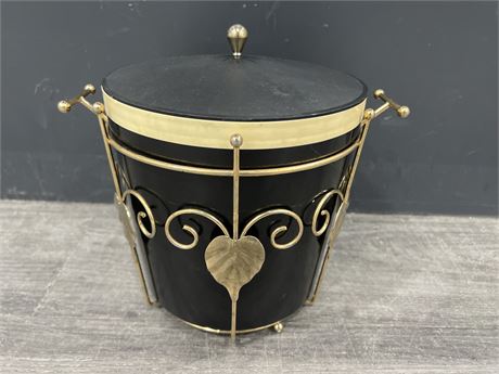 VINTAGE MCM INSULATED ICE BUCKET BY “THERMOS” BLACK & BRASS - 8” DIAM