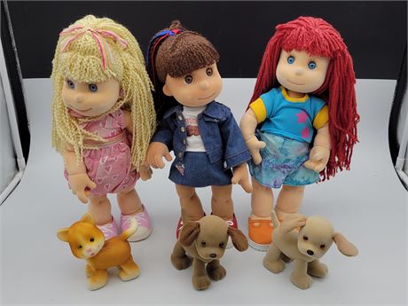 3 PLAY ALONG DOLLS + THEIR PETS (Like new - 14"Height)