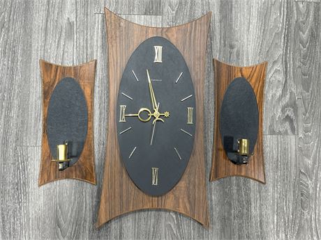 VINTAGE CARAVELLE WALL CLOCK & 2 CANDLE HOLDERS - CLOCK IS 21”x10”