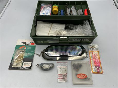 STOCKED FISHING TACKLE BOX W/LURES, HANDMADE FLYS & WEIGHTS ETC.
