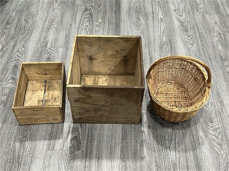 2 VINTAGE WOOD BOXES & WILLOW BASKET (Large box fits records)