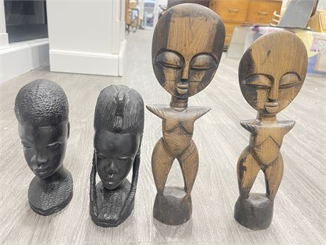 4 HAND CARVED HEAVY WOOD AFRICAN FIGURES LARGEST 10”