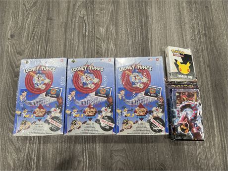 3 SEALED 1990’s SERIES 1 LOONEY TUNES BASEBALL CARD PACK BOXES + NEW POKÉMON
