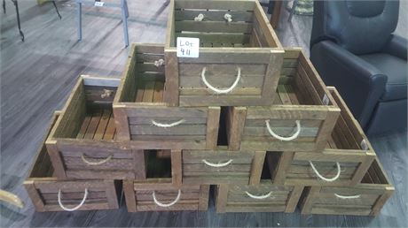 10 WOODEN CRATES WITH ROPE HANDLES (RETAIL 29.99ea) 17”Long, 12.5”Wide, 6.5”Deep