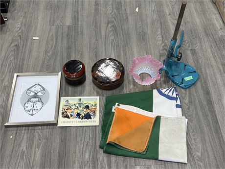 VINTAGE / COLLECTABLE LOT - JAPANESE ENAMEL WARE, INDIAN FLAG, DRILL JIG, ETC