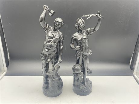 2 ANTIQUE SPELTER STATUES - 16” TALL