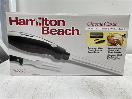 NEW IN BOX HAMILTON CHROME CLASSIC ELECTRIC KNIFE W/CASE