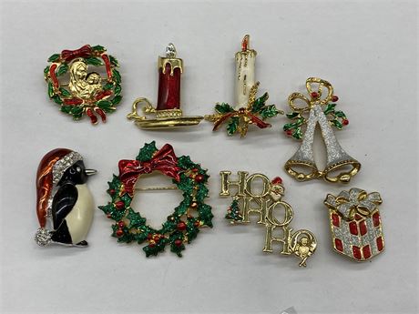 8 VINTAGE ENAMEL HAND PAINTED CHRISTMAS BROOCHES