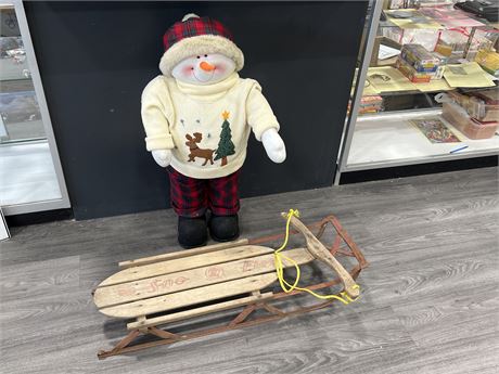 VINTAGE MONARCH SLED 38” LONG + SNOWMAN DECOR