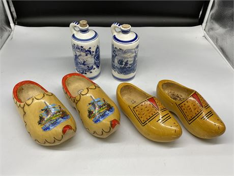 2 DUTCH CORKED BOTTLES & 2 PAIRS OF DUTCH CLOG SHOES