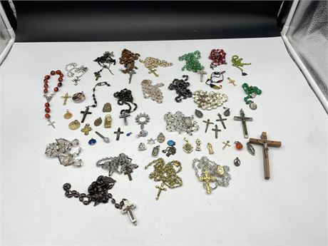 ROSARY & RELIGIOUS MEDAL LOT - SOME STERLING - SOME ROSARIES NEED REPAIR