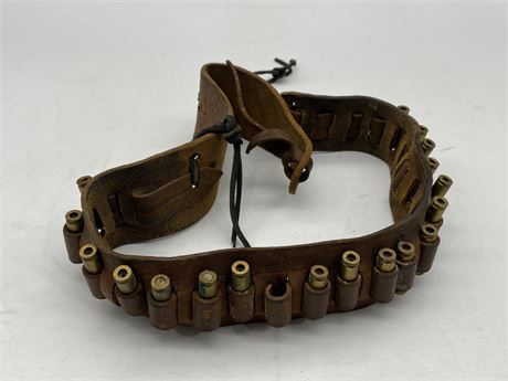 ANTIQUE LEATHER BANDOLIER W/SHELL CASINGS