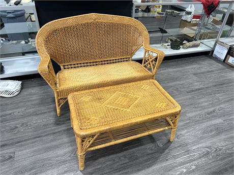 VINTAGE WICKER / CANE PEACOCK LOVE SEAT & COFFEE TABLE