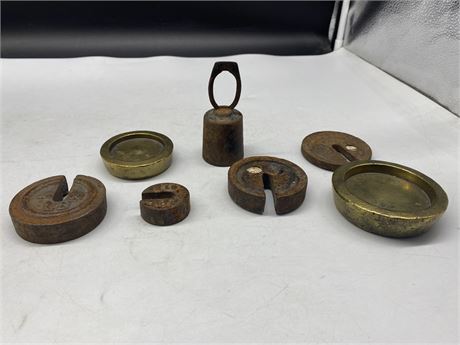 7 ANTIQUE CAST IRON AND BRASS SCALE WEIGHTS