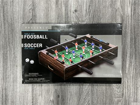 NEW OPEN BOX TABLE TOP FOOSBALL GAME SET - BOX IS 20”x12”