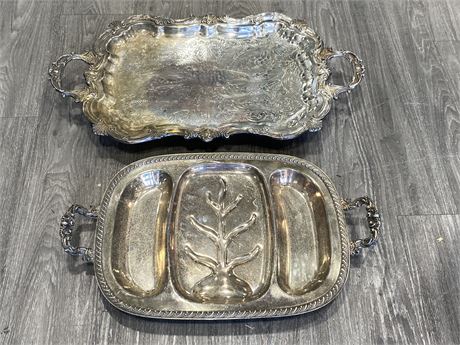 2 LARGE VINTAGE ORNATE SILVER PLATED SERVING TRAYS (26”X14.5”)