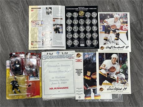 LOT OF SPORTS MEMORABILIA - INCLUDES CANUCKS SIGNATURES, COINS AND OTHERS
