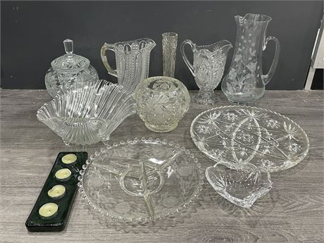 LARGE LOT OF CRYSTAL, GLASS - JUGS, VASES, SERVING PIECES (12” TALLEST)