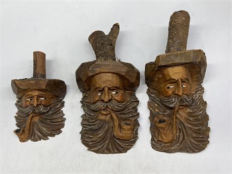 3 WOOD FACE CARVINGS (Tallest is 13”)