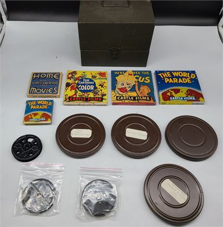 8MM FILMS & CASE - INCLUDES FUN CARTOONS IN COLOR + HERE COMES THE CIRCUS