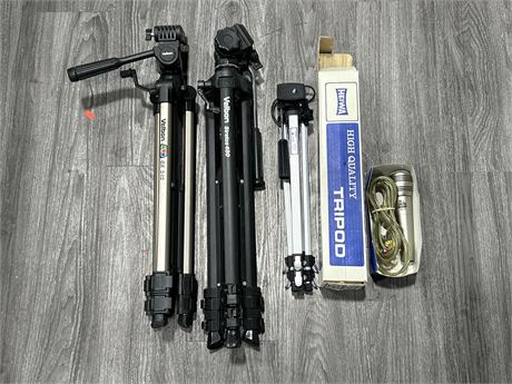 LOT OF 3 CAMERA TRIPODS & VINTAGE MICROPHONE